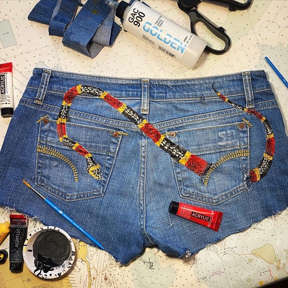 🎨 Hand Painted Joe’s Jeans Shorts Snake Texas 29 - Picture 5 of 8